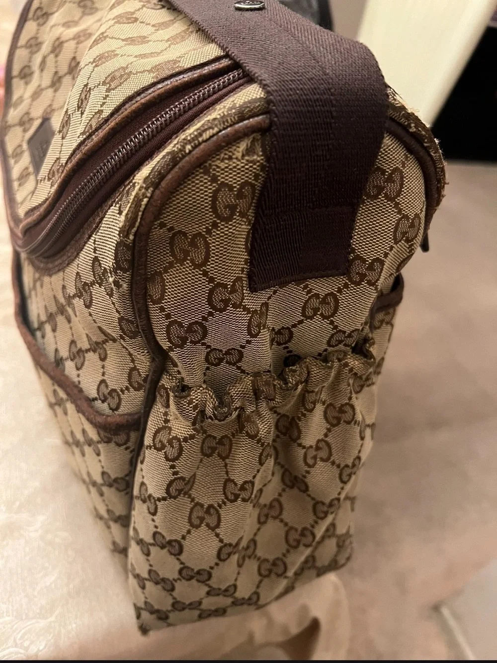 Gucci Beige and Brown Monogram Baby Messenger Bag with Adjustable Strap